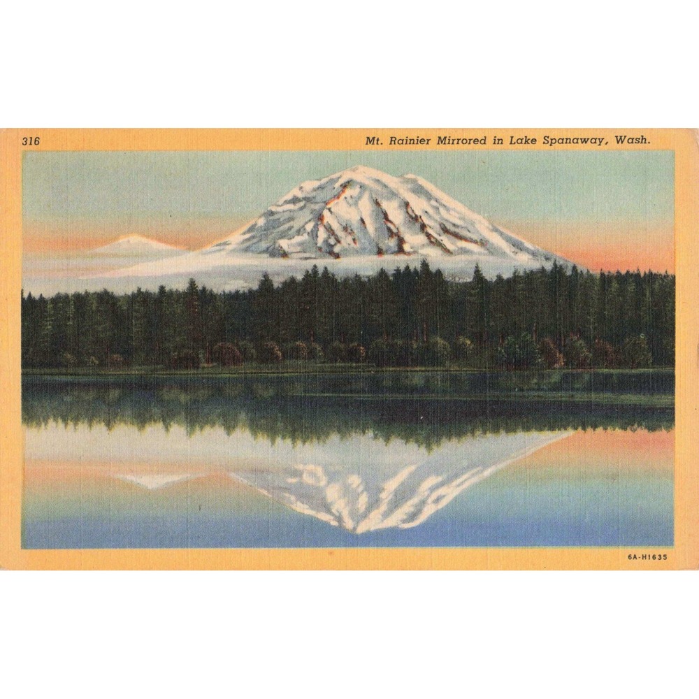 Vintage Mt Rainier Mirrored in Lake Spanaway Wash Linen Postcard 316 6A-H1635 - Picture 1 of 2